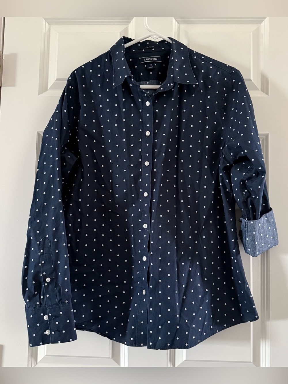 100% cotton Lands' End Navy Button-Down Shirt with White Polka Dots